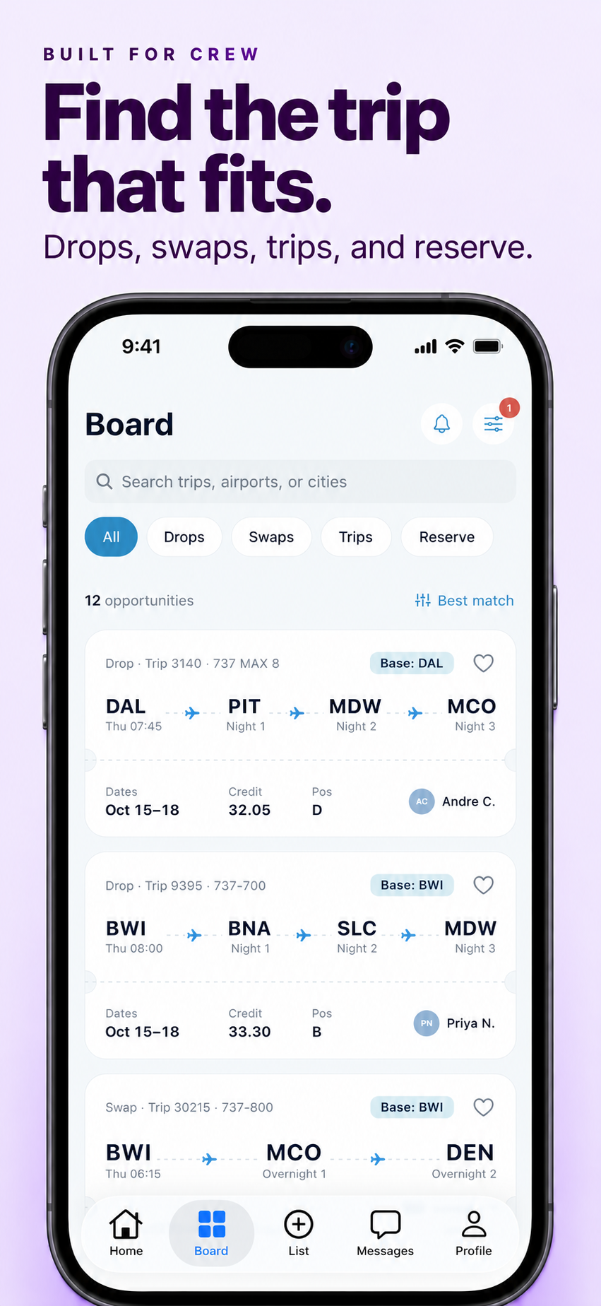 SwapSky board showing search, trip categories, routes, dates, credits, and positions.