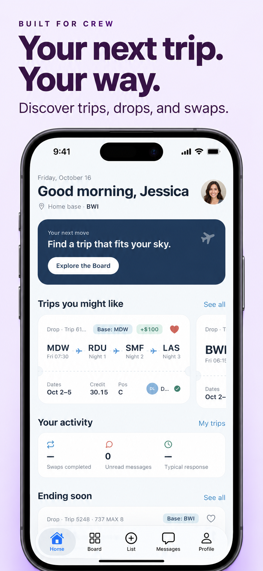SwapSky home screen welcoming Jessica, with suggested trips and activity.