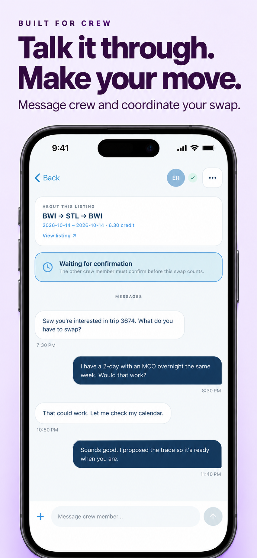 A crew conversation about a trip swap, with a waiting-for-confirmation status.